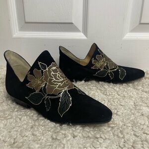 Lisa Marni Vintage Leather & Suede Black Floral Embroidery Loafers 34.5